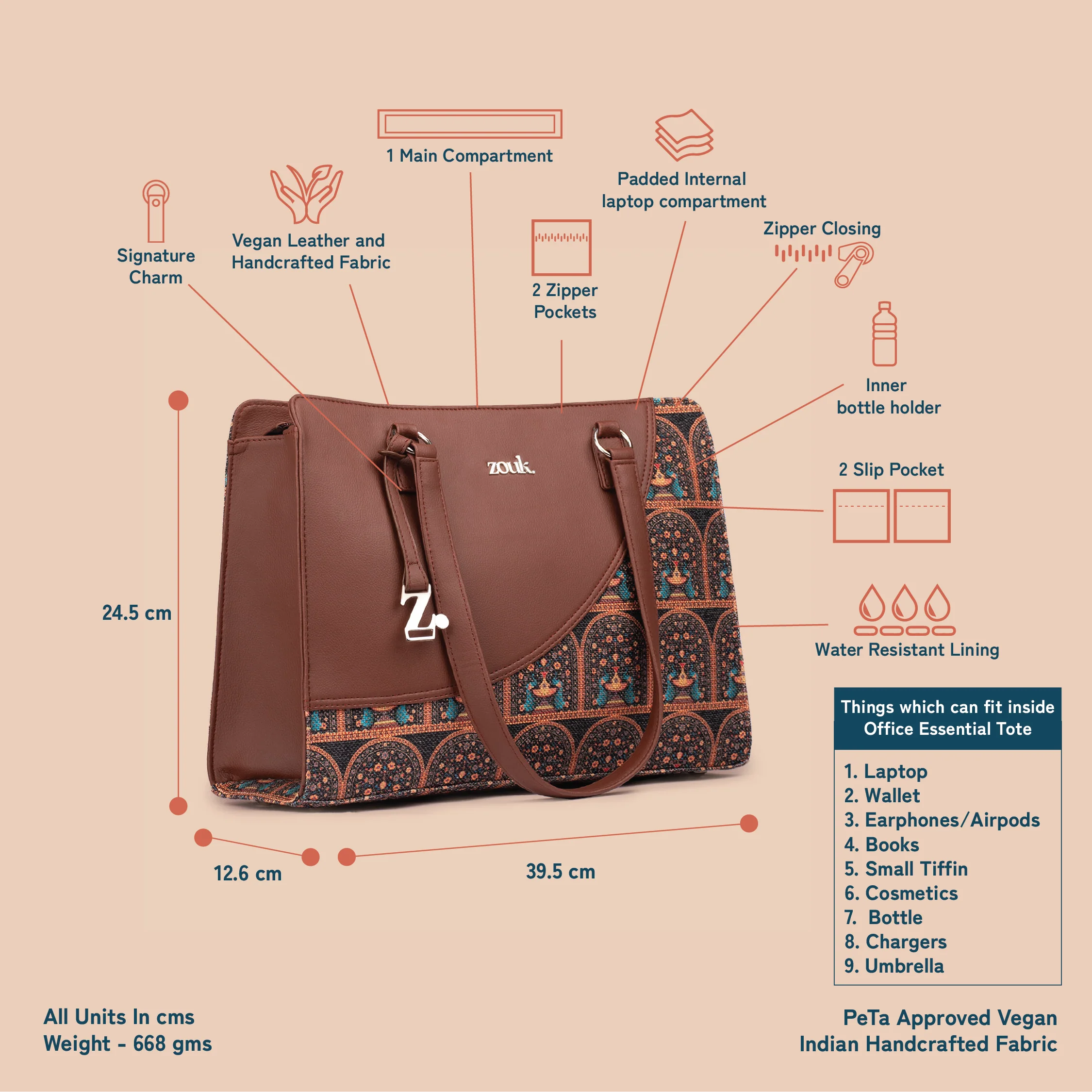 Royal Indian Peacock Motif Office Essential  Bag - Image 5