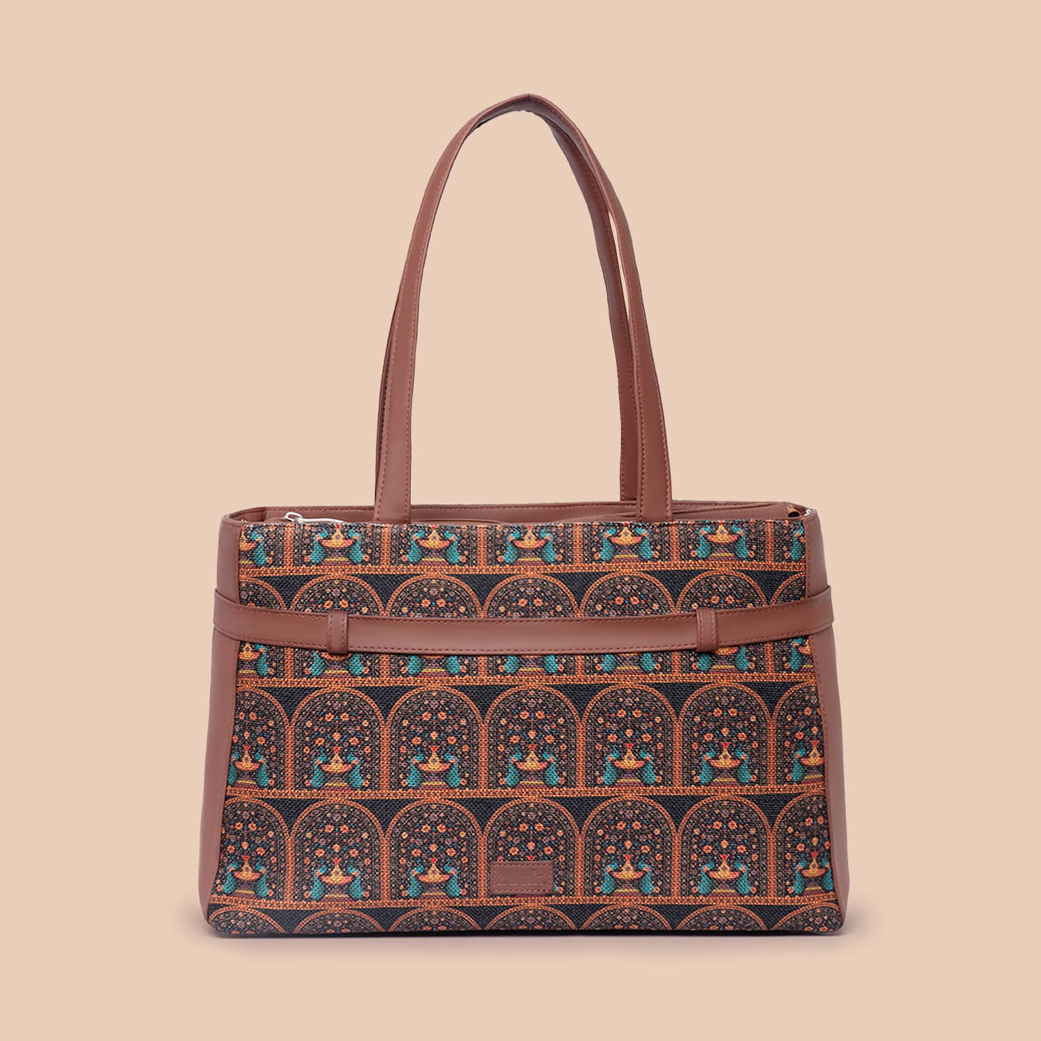 Royal Indian Peacock Motif - Statement Office Bag & Regular Sling Bag Combo - Image 4